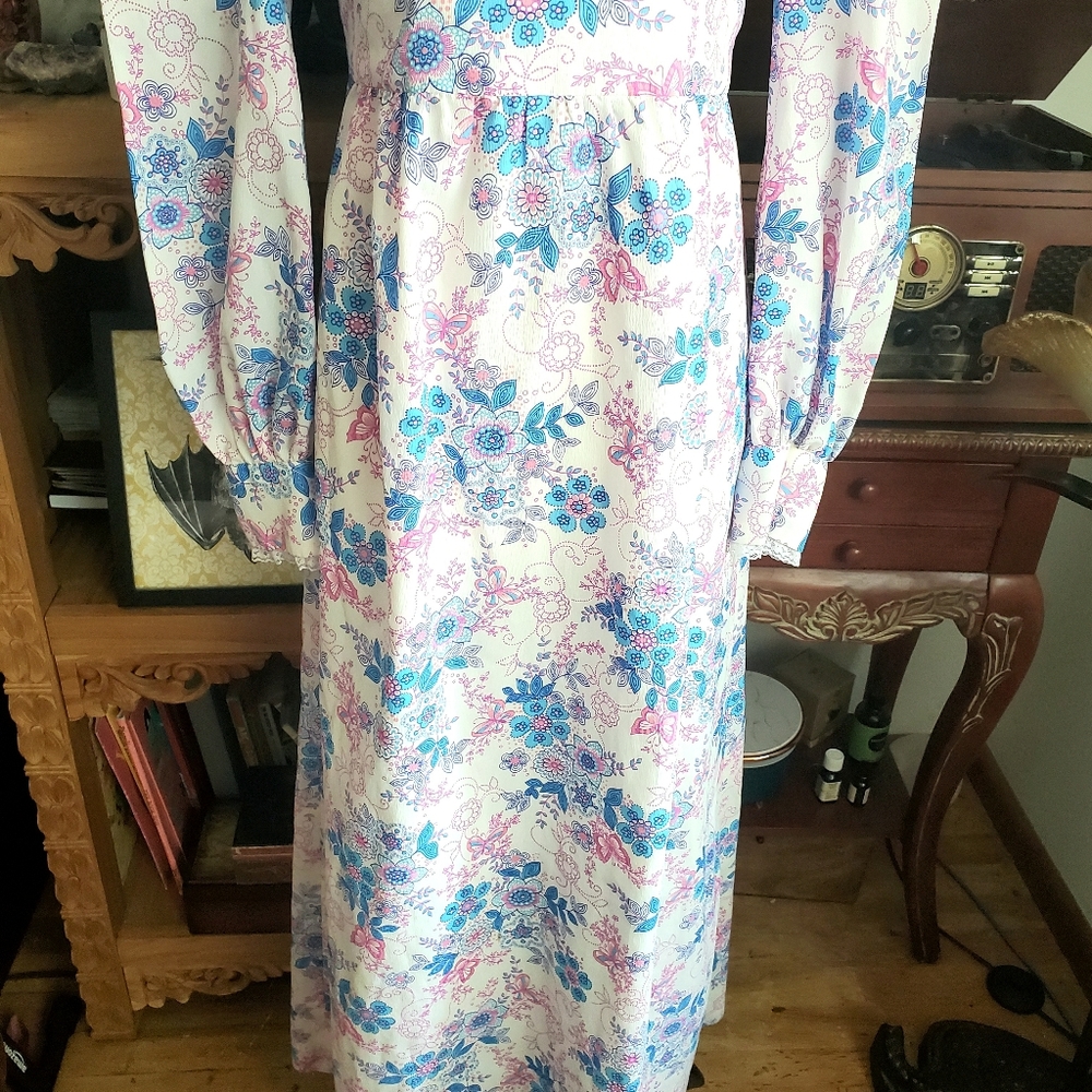 Vintage 70s Butterfly Puff Sleeve Prairie Dress - Picture 4 of 5